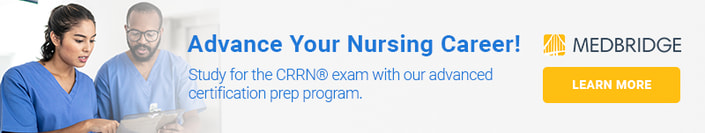 Two healthcare professionals review a clipboard promoting advancement in nursing career with Medbridge training for the CCRN® exam.