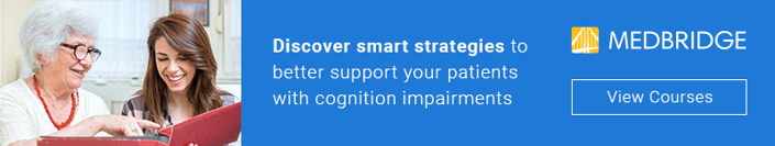 An elderly woman and a young woman look at a book on cognitive impairment strategies, with the medbridge logo and a "View Courses" button shown.
