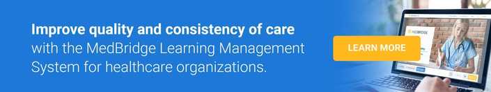 Explore medBridge LMS for innovative healthcare training with a laptop user image and 'Learn More' button.