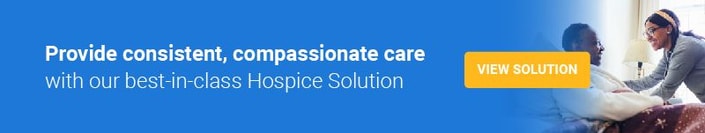 Healthcare worker tending to elderly patient with medbridge Hospice Solution button.