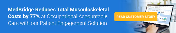 Hands typing on a laptop with text: 'medBridge reduces musculoskeletal costs by 77% using engagement and training.'.