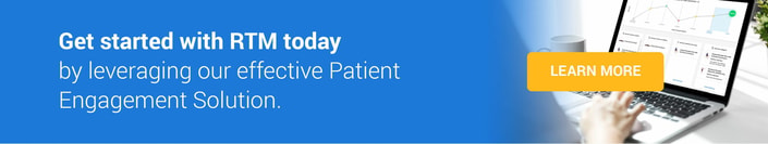A person uses a laptop displaying data charts with a blue banner that reads, "Get started with RTM today using medbridge's Patient Engagement Solution" and a yellow "Learn More" button.