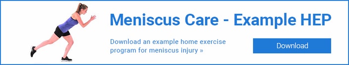 Woman exercising near "Meniscus Care - Example HEP" text, with "Download" button for medbridge.