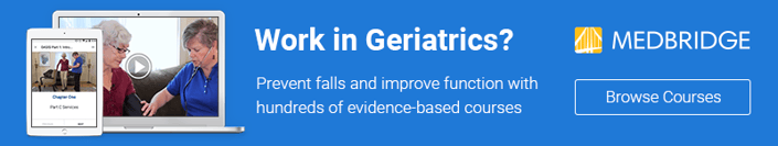 Image of two people in a clinical setting with devices, highlighting medbridge's geriatric course content.
