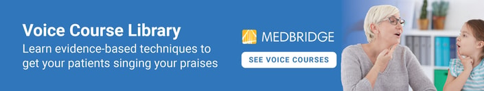 Banner for medbridge voice course library with two people conversing and text promoting evidence-based healthcare education.