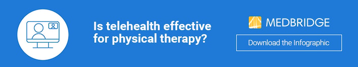 Blue banner with text "Is telehealth effective for physical therapy?" and "medbridge Download the Infographic" with a computer icon.