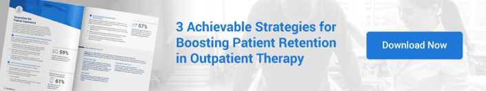 Banner featuring a booklet titled "3 Achievable Strategies for Boosting Patient Retention in Outpatient Therapy" next to a "Download Now" button from medbridge.