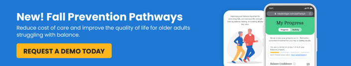 Banner for Fall Prevention Pathways: features an older adult and caregiver using medbridge software on a smartphone, highlighting hybrid care strategies.