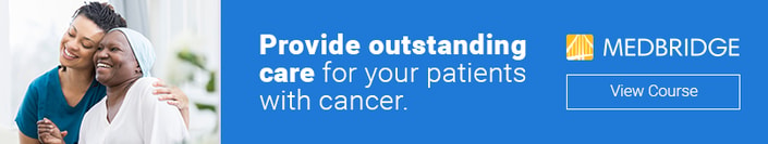 Healthcare worker hugs a happy patient with 'Enhance your digital healthcare skills for cancer care' and medbridge's 'View Course' button on blue.