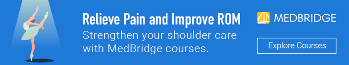 Ballet dancer and text promoting medbridge courses for pain relief and shoulder care.