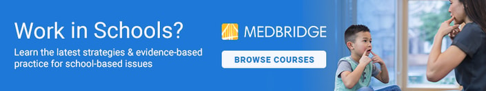 Banner promoting medBridge school-based courses with teacher and child in classroom.