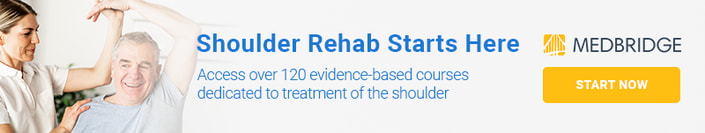 A physical therapist aids a happy elderly man with shoulder exercises, featuring medbridge resources.