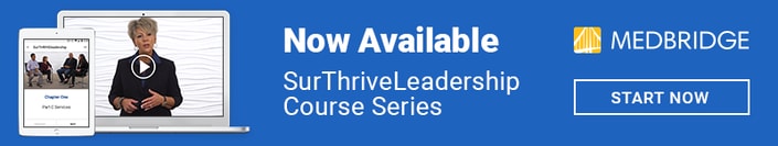 Medbridge SurThriveLeadership course banner with laptop video and 'Start Now' button.
