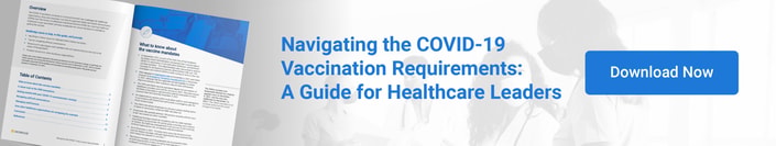 Booklet titled "Navigating the COVID-19 Vaccination Requirements: A Guide for Healthcare Leaders" with medbridge download button.