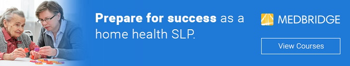 A person assists a senior, highlighting digital healthcare for home health SLPs, with the medbridge logo and "View Courses" button visible.