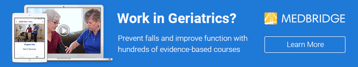 Medbridge provides engaging geriatric care training with visuals of fall prevention videos on tablets and laptops.