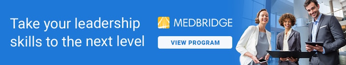 Banner with "Take your leadership skills to the next level," medbridge logo, a "View Program" button, and three smiling professionals in business attire.