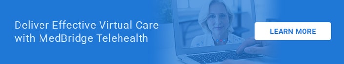 Medbridge telehealth banner with woman on laptop and 'Learn More' button for seamless care.
