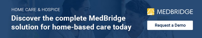 Banner promoting medBridge's home-based care solutions with a "Request a Demo" button for exploring healthcare education and training.