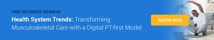 Webinar banner: "Health System Trends" with a person stretching beside a "watch now" button for medbridge.