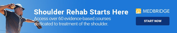 A baseball player throws a ball with the text "Shoulder Rehab Starts Here," promoting medbridge's shoulder treatment courses and inviting you to start now.