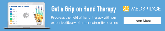 Banner displays a laptop with hand therapy zones, text "Get a Grip on Hand Therapy," plus a "Learn More" button for medbridge.