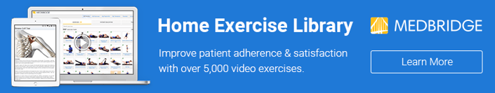 Banner featuring the medBridge Home Exercise Library on a tablet and laptop with 5,000+ video exercises for hybrid care.