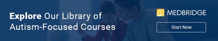 Banner reading "Explore Our Library of Autism-Focused Courses" with the medbridge logo and "Start Now" button.