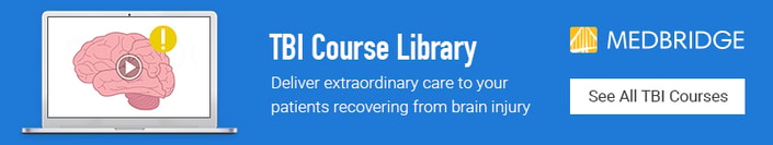 Explore the TBI Course Library by Medbridge, featuring a laptop with a brain illustration and play button.