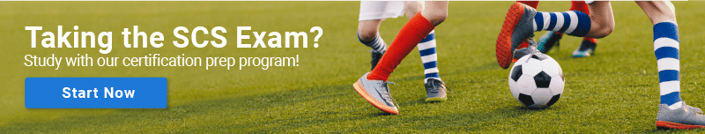 Children playing soccer on grass are pictured alongside a "Start Now" button for a medbridge SCS exam prep program featuring digital healthcare elements.