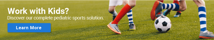 Children playing soccer on grass with text about medbridge's pediatric sports solution and a "Learn More" button.