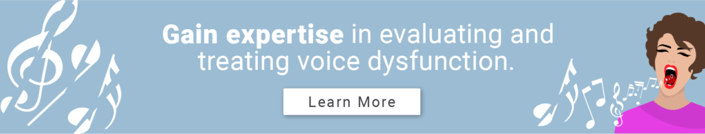 Banner promoting medbridge's voice dysfunction training program with a singing cartoon and music notes.