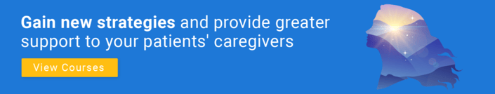 Silhouette of a person with sunrise overlay and "View Courses" button; message promoting medbridge's caregiver support strategies.
