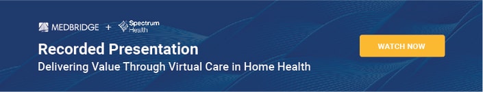 Banner for a recorded presentation on hybrid home health care, featuring medbridge and Spectrum Health logos with a 'Watch Now' button.