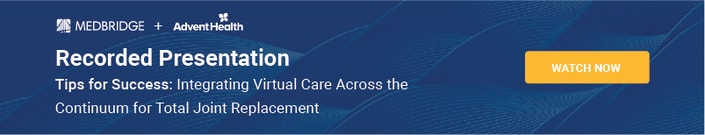 Medbridge and AdventHealth presentation banner on virtual joint care, with 'Watch Now' button.