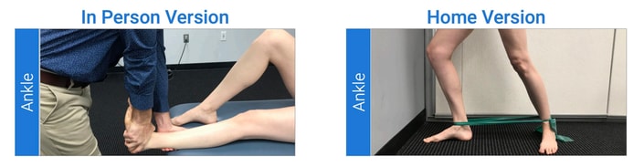 Side-by-side images of ankle rehab exercises show in-person assistance and a home version with resistance band for hybrid care, as taught by Medbridge.