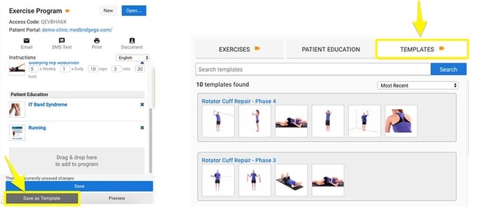 Screenshot of a Medbridge exercise program interface showing options for email, SMS, and print, along with healthcare education elements and rotator cuff repair templates.
