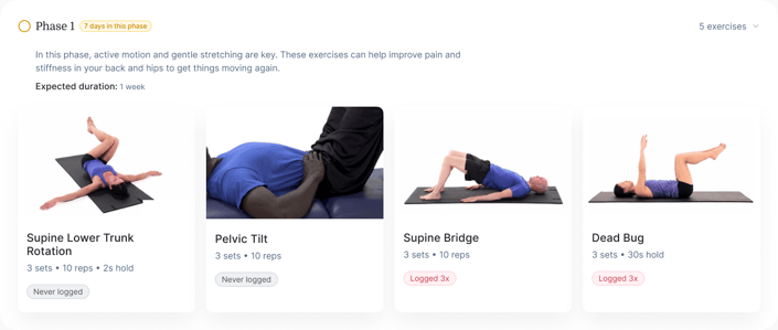 Medbridge exercise program screen showing Phase 1 with four listed exercises and their progress status.