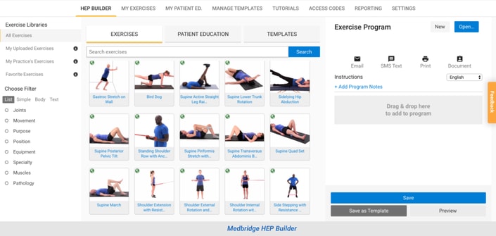 A web interface of the Medbridge exercise program builder with options to edit and save exercises like Supine Abduction and Standing Row.
