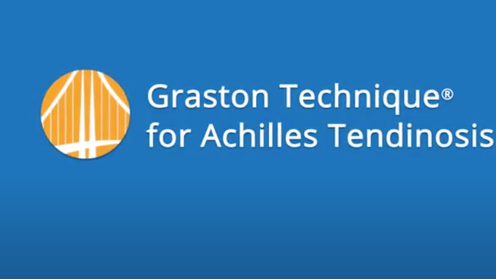 Blue background with orange-white circular logo left and "Graston Technique® for Achilles Tendinosis" text right; medbridge training.