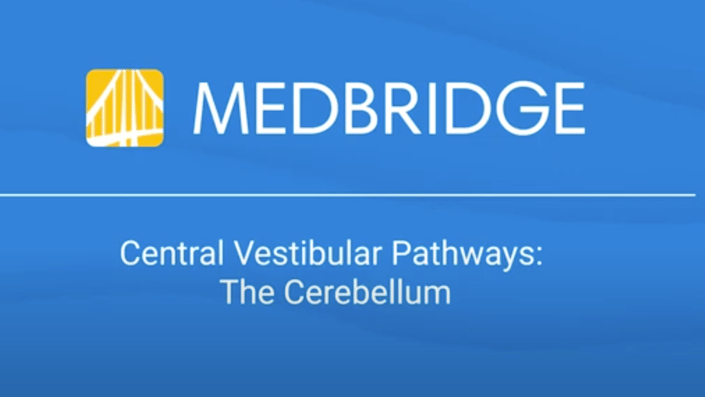 Screenshot of a medbridge presentation titled "Central Vestibular Pathways: The Cerebellum" on a blue background with logo.