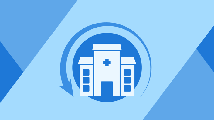 Medbridge logo: Hospital icon with a cross and arrow on a blue geometric background.