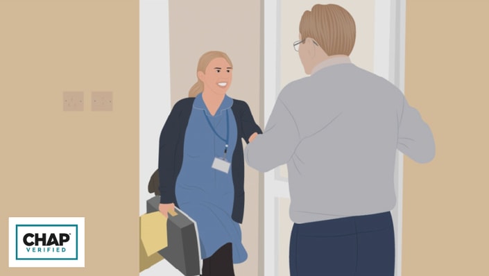 A business professional enters a room to talk with a person wearing glasses, highlighting healthcare education and featuring the "CHAP Verified" logo, with medbridge branding.
