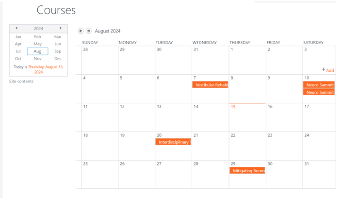 August 2024 calendar highlighting healthcare events like Vestibular Rehab, Interdisciplinary, and Mitigating Burnout by medbridge.