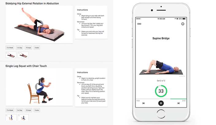 Exercise instructions on the left, Medbridge app with "Supine Bridge" timer on the right.
