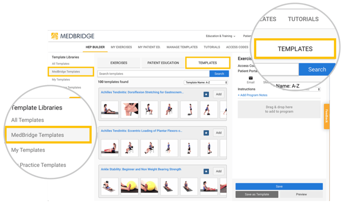 Screenshot of the medBridge webpage highlighting template libraries for exercises, patient education, and templates with a prominent "Templates" button and search bar.