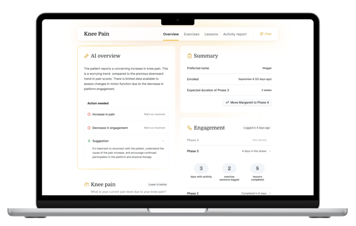 Laptop showing a knee pain management app from Medbridge with AI features and suggestions.