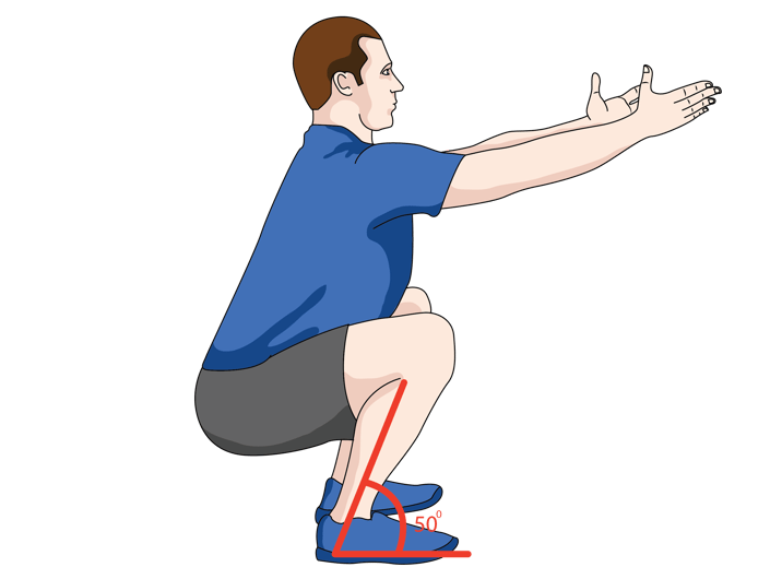 Illustration of a person squatting, highlighting a 50-degree shin-foot angle for medbridge healthcare training.