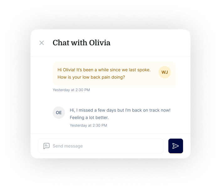 A chat window shows messages about someone feeling better from back pain with support from medbridge.