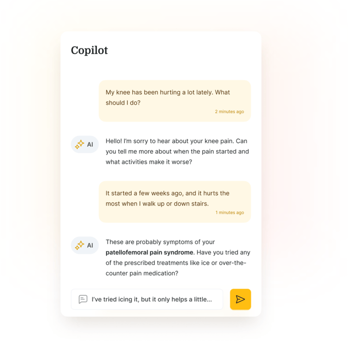 User and AI discuss knee pain and patellofemoral pain syndrome, with Medbridge treatment suggestions.